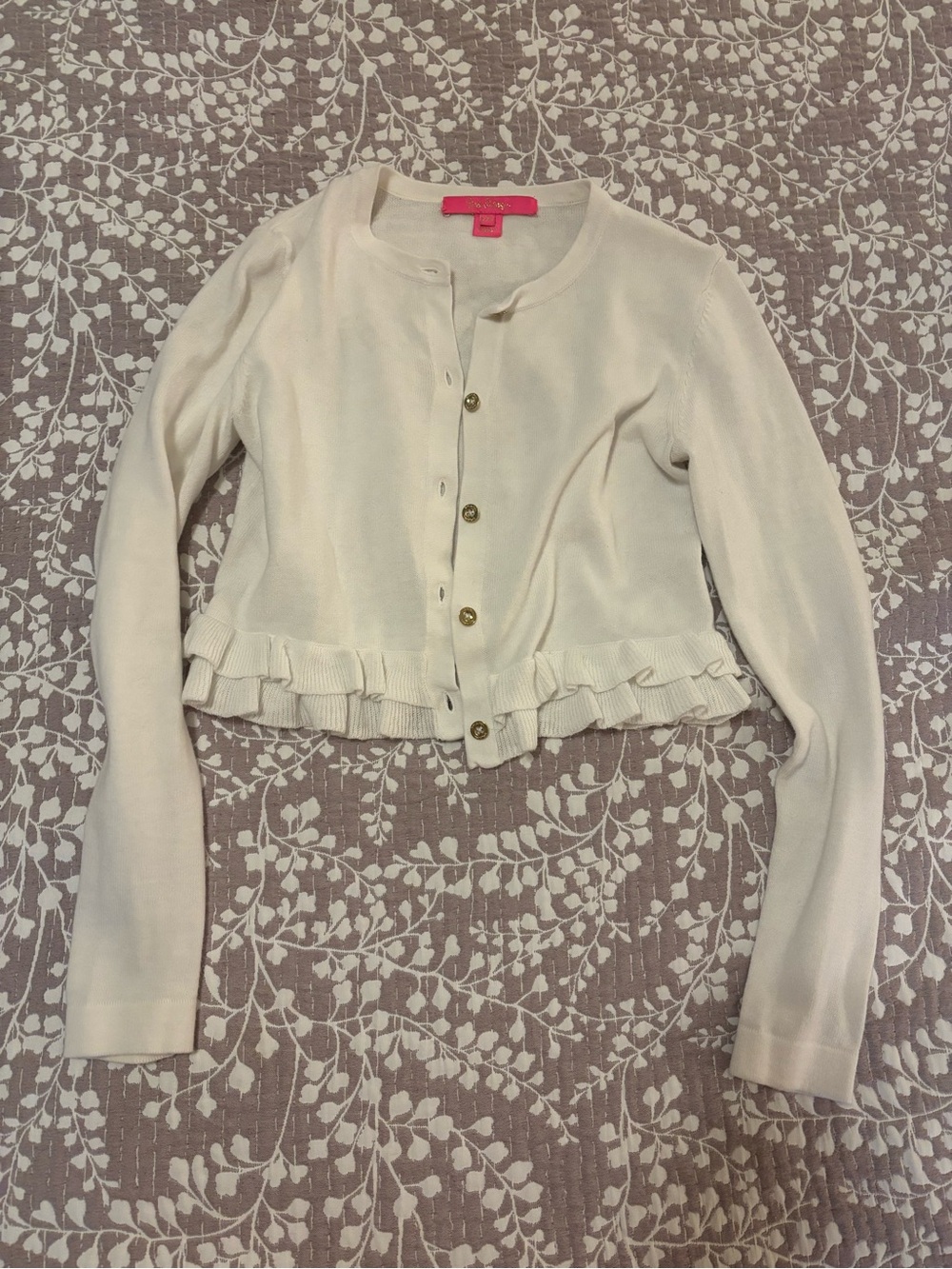 White Ruffle Hem Button-Up Cardigan